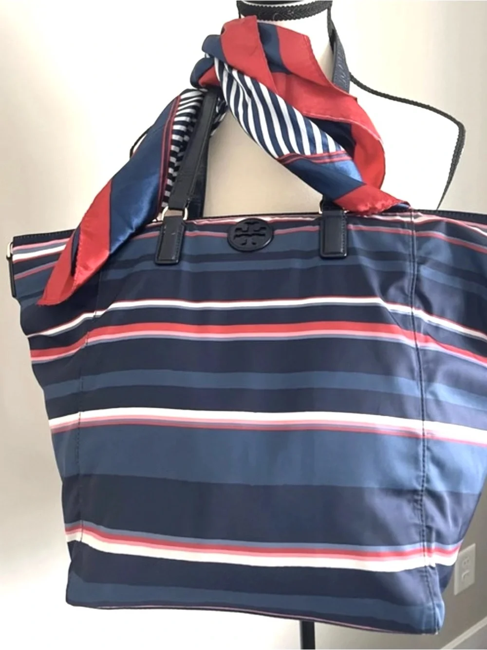 Tory Burch Nylon Stripe Zipper Tote Navy with red & navy comes with a scarf